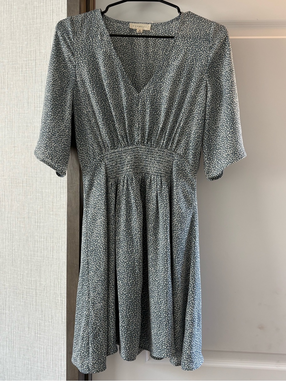 Promesa Dusty Blue Tiny Dot V-Neck Midi Dress